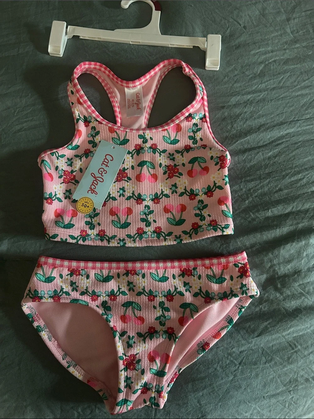 Cat & Jack Pink Floral Girls Two-Piece Swim Set with Green Accents